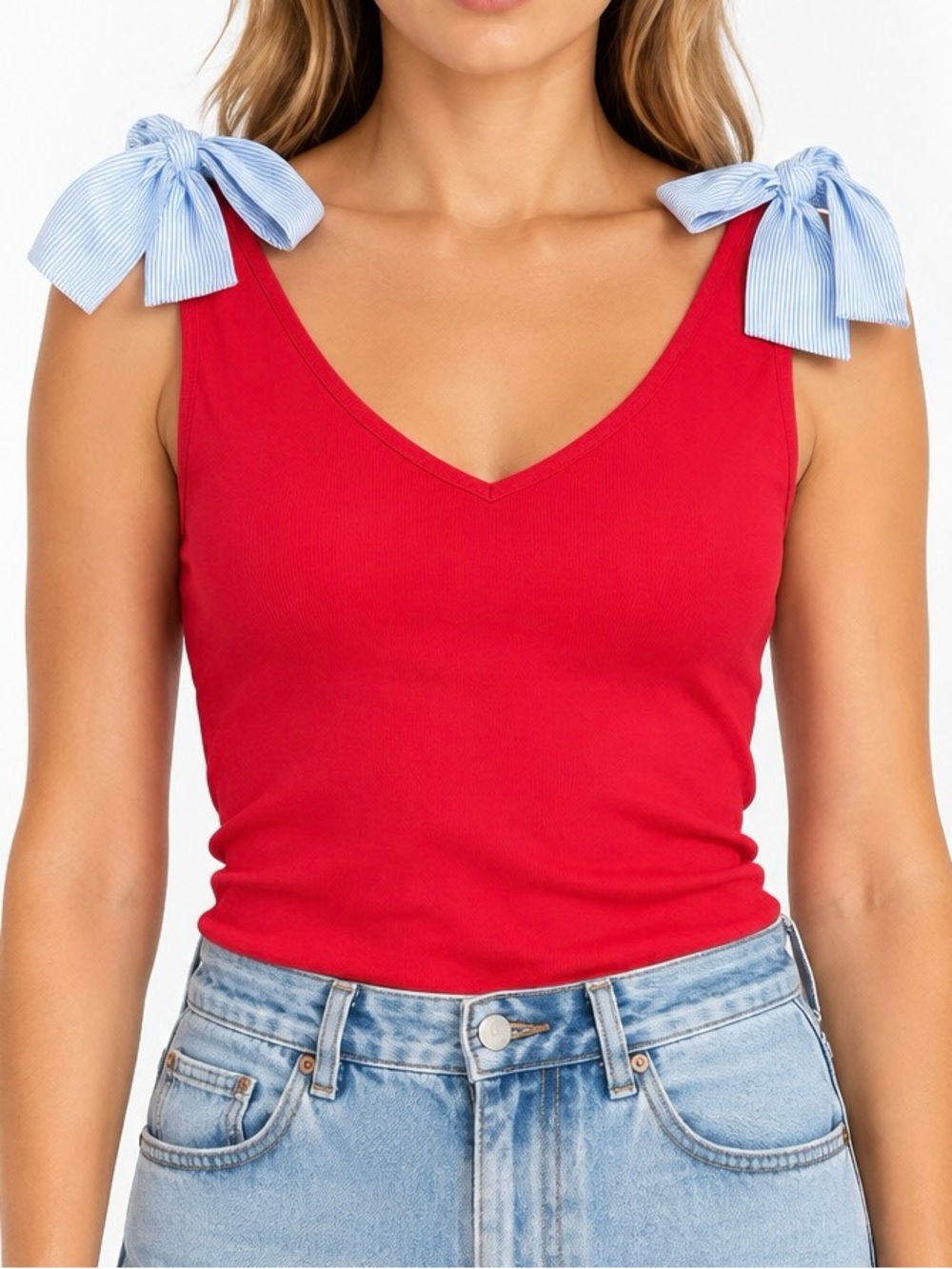 Tommy Hilfiger Red V Neck Tank Top Blue Stripe Bow Shoulders M